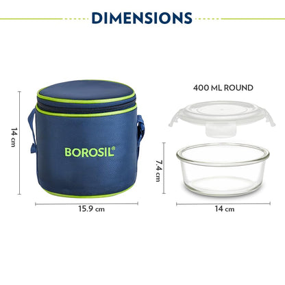 Borosil Klip n Store Lunchbox with Bag | Set of 2 (400ml Each) | Borosilicate Glass, Round, Vertical | Microwave & Dishwasher Safe, Leak Proof | Tiffin for Office, School, College