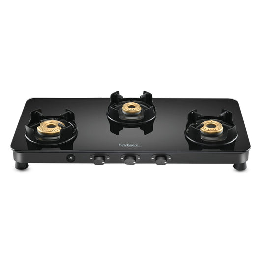 Hindware Smart Appliances | Alverio 3 Burner Glass Gas Stove | 8mm Thick Toughened Glass | Double Drip Tray | Corrosion Resistant Brass Burners Safe For Utensils (Black, Auto-Ignition) - Open