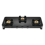 Hindware Smart Appliances | Alverio 3 Burner Glass Gas Stove | 8mm Thick Toughened Glass | Double Drip Tray | Corrosion Resistant Brass Burners Safe For Utensils (Black, Auto-Ignition) - Open