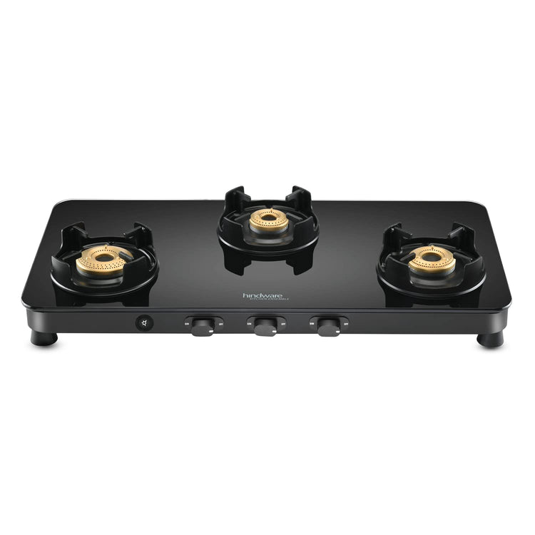 Hindware Smart Appliances | Alverio 3 Burner Glass Gas Stove | 8mm Thick Toughened Glass | Double Drip Tray | Corrosion Resistant Brass Burners Safe For Utensils (Black, Auto-Ignition) - Open