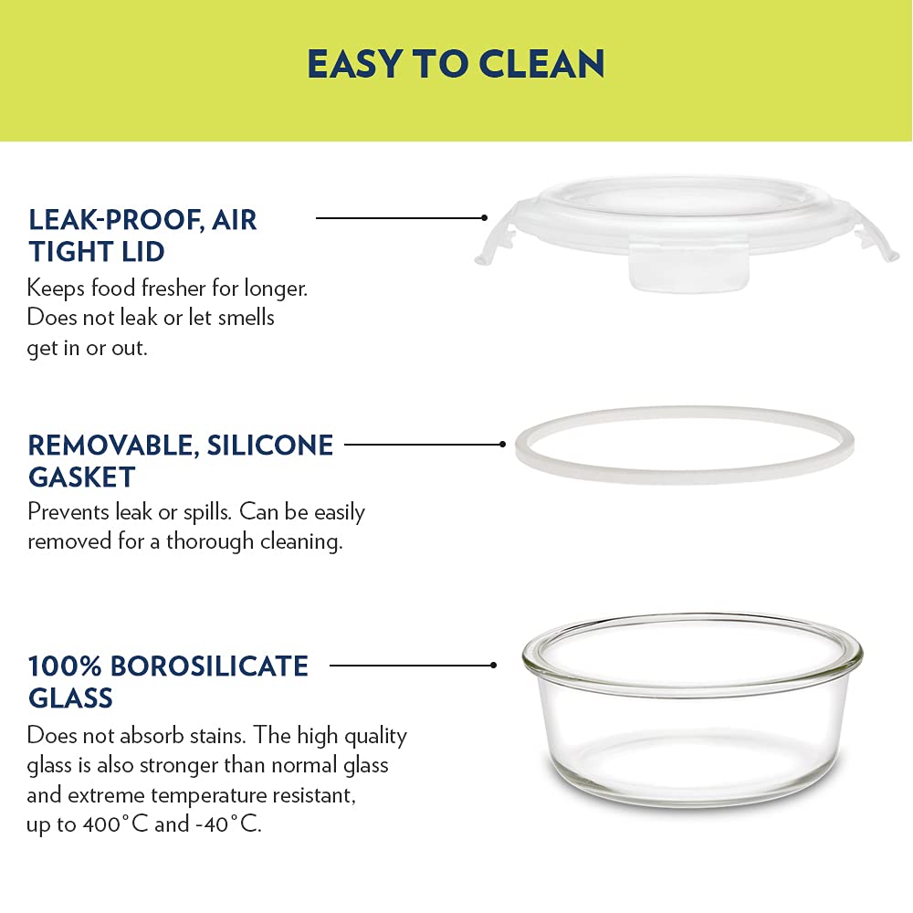Borosil Klip N Store 320ml Round Glass Food Storage Container with Air Tight Lid | Borosilicate Glass Container for Lunchbox | Microwave & Oven Safe | Transparent