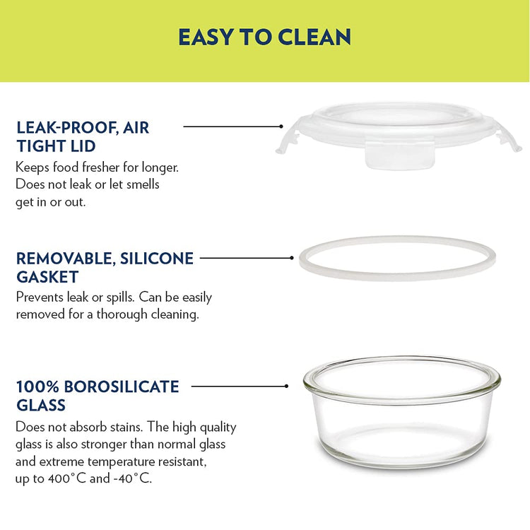 Borosil Klip N Store 320ml Round Glass Food Storage Container with Air Tight Lid | Borosilicate Glass Container for Lunchbox | Microwave & Oven Safe | Transparent