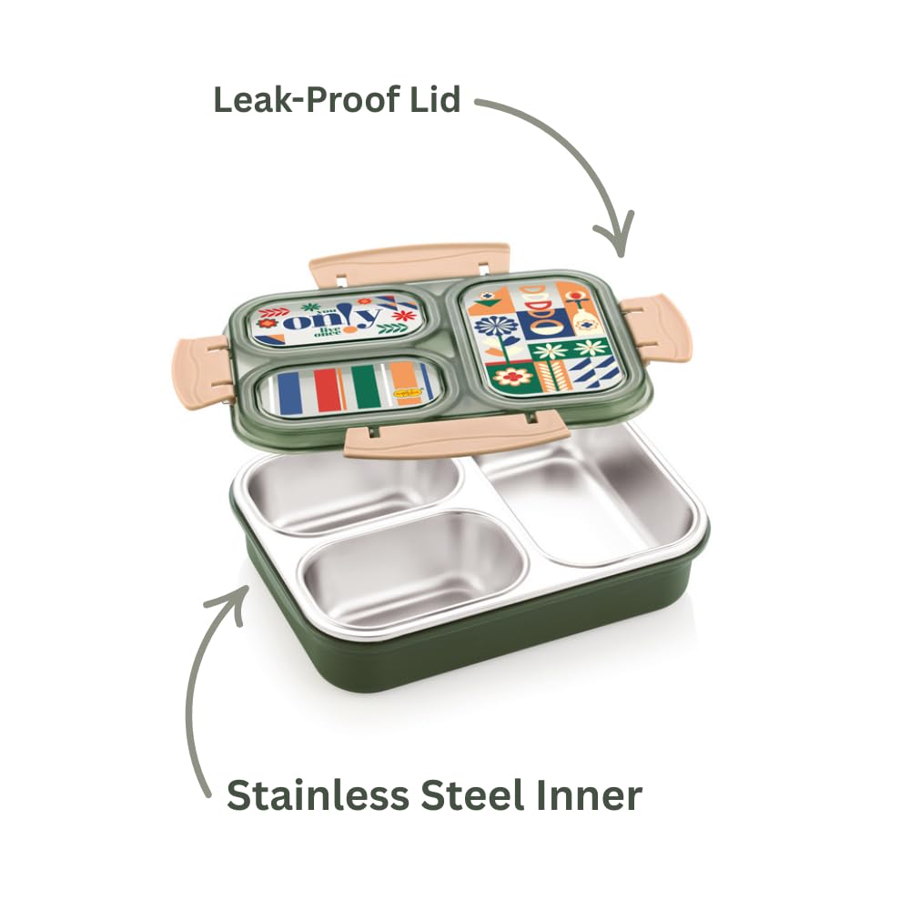 Nakoda Nero 3 Partition Stainless Steel Lunch Box for Kids | 650ml, Leak-Proof Lid, BPA Free, Airtight, Ideal for School, Office, Travel, Pack of 1 (Green)