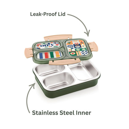 Nakoda Nero 3 Partition Stainless Steel Lunch Box for Kids | 650ml, Leak-Proof Lid, BPA Free, Airtight, Ideal for School, Office, Travel, Pack of 1 (Green)