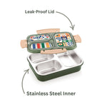Nakoda Nero 3 Partition Stainless Steel Lunch Box for Kids | 650ml, Leak-Proof Lid, BPA Free, Airtight, Ideal for School, Office, Travel, Pack of 1 (Green)