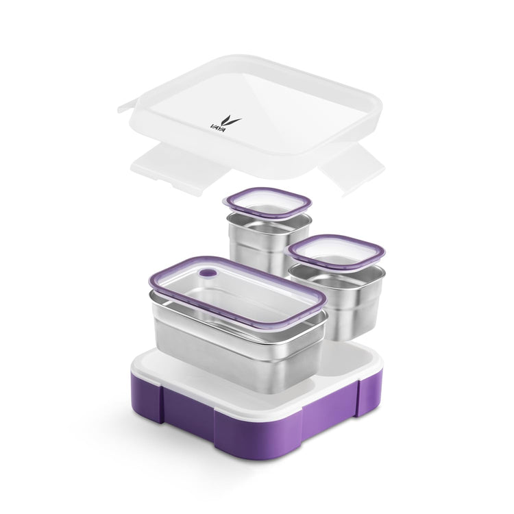 VAYA TYDBYT Stainless Steel Tiffin Box for Men, Kids Girls,1 Large & 2 Small Compartments, Bento Lunch Box, Smart Portions for Balanced Meals, Purple