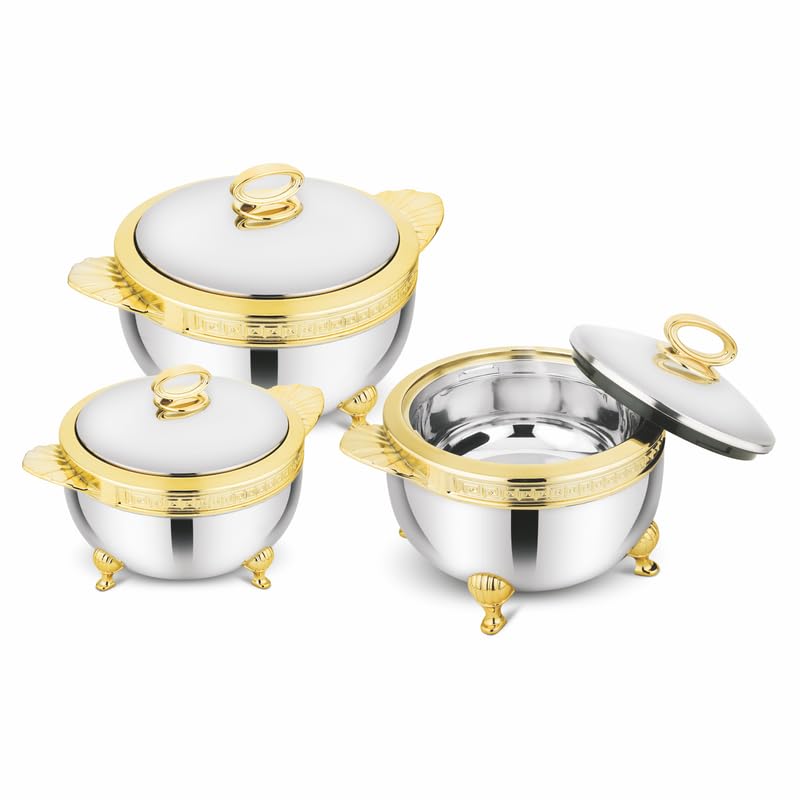 Roseate 2000, 2500, 3500 Steel Gold Premium Casserole Set | Stainless Steel with PUF Insulation & Gold Finish |Hot Food Storage for Dining & Serving