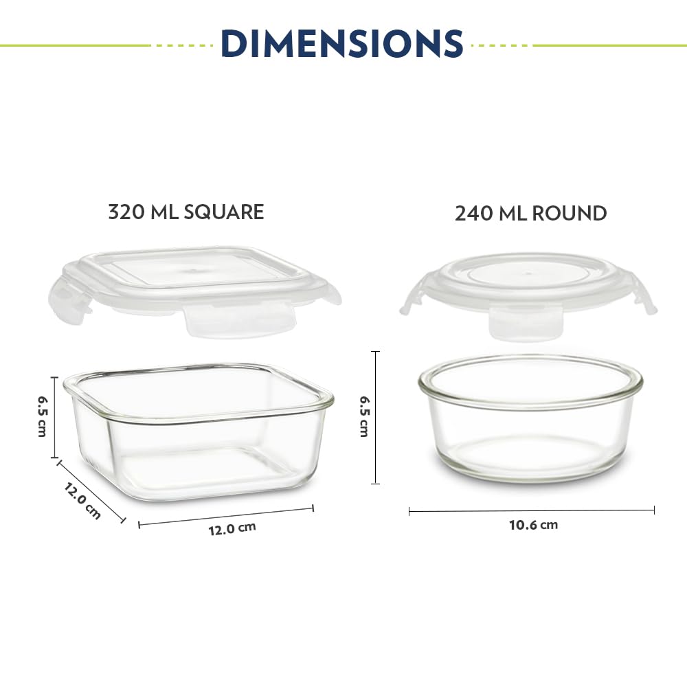 Borosil Eateasy Universal Borosilicate Glass Lunchbox with Bag | Set of 4 (320ml x 2 Square + 240ml x 2 Round) | Microwave & Dishwasher Safe, Leakproof | Tiffin for Office, School | Transparent