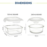 Borosil Eateasy Universal Borosilicate Glass Lunchbox with Bag | Set of 4 (320ml x 2 Square + 240ml x 2 Round) | Microwave & Dishwasher Safe, Leakproof | Tiffin for Office, School | Transparent