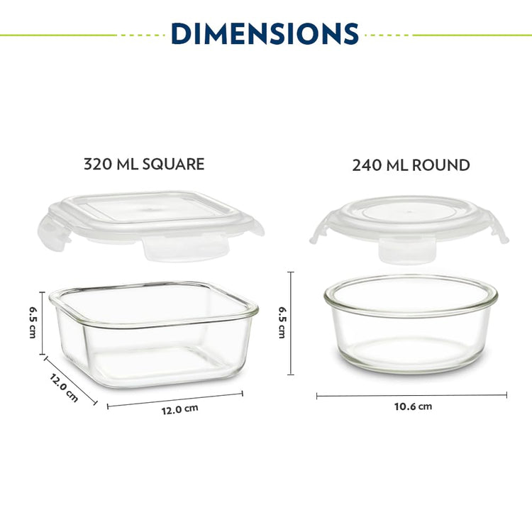 Borosil Eateasy Universal Borosilicate Glass Lunchbox with Bag | Set of 4 (320ml x 2 Square + 240ml x 2 Round) | Microwave & Dishwasher Safe, Leakproof | Tiffin for Office, School | Transparent