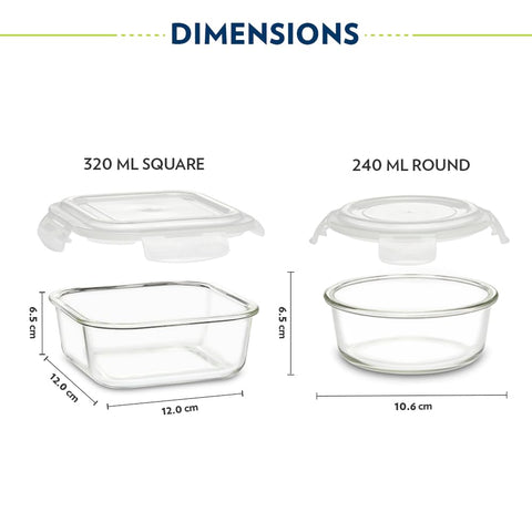 Borosil Eateasy Daisy Borosilicate Glass Lunchbox with Bag | Set of 4 (320ml x 2 Square + 240ml x 2 Round) | Microwave & Dishwasher Safe, Leakproof | Tiffin for Office, School | Transparent