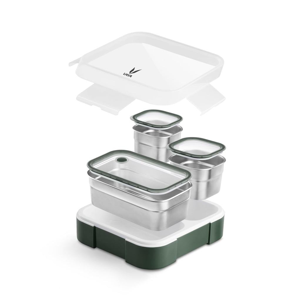 VAYA TYDBYT Stainless Steel Tiffin Box for Men, Kids Girls,1 Large & 2 Small Compartments, Bento Lunch Box, Smart Portions for Balanced Meals, Green