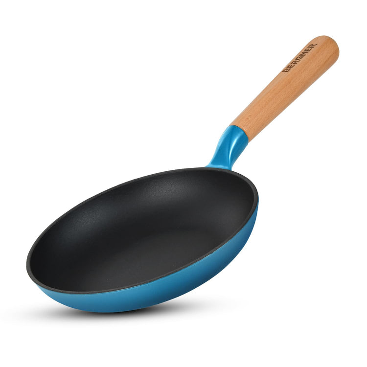 BERGNER Excalibur Lightweight Cast Iron Frypan 18cm, Sturdy Wooden Handle, Non-Stick Coating, PFAS Free, Perfect Heat Distribution, Elegant Design - Induction and Gas Stove Ready (Blue)