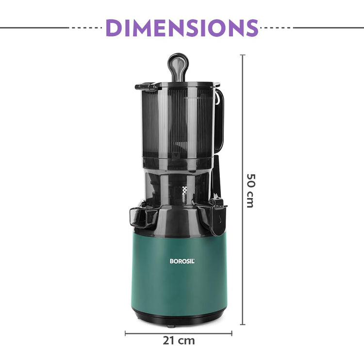 Borosil Vita Rich Cold Press Juicer | 250 Watts, 1.5 L Wide Mouth Hopper, 1 L Jug & Pulp Collector with Anti Drip Tap | Reverse Function for Pulp Cleaner, Auto Cut-Off for Safety | 2 Years Warranty