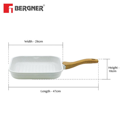 BERGNER Naturally Cast Aluminum 26cm Grill Pan, Marble Non-Stick Coating, Less Oil Use, Scratch Resistant and Durable, Soft Touch Handle, Easy to Clean - Induction Bottom, Free Non-Woven Trivet