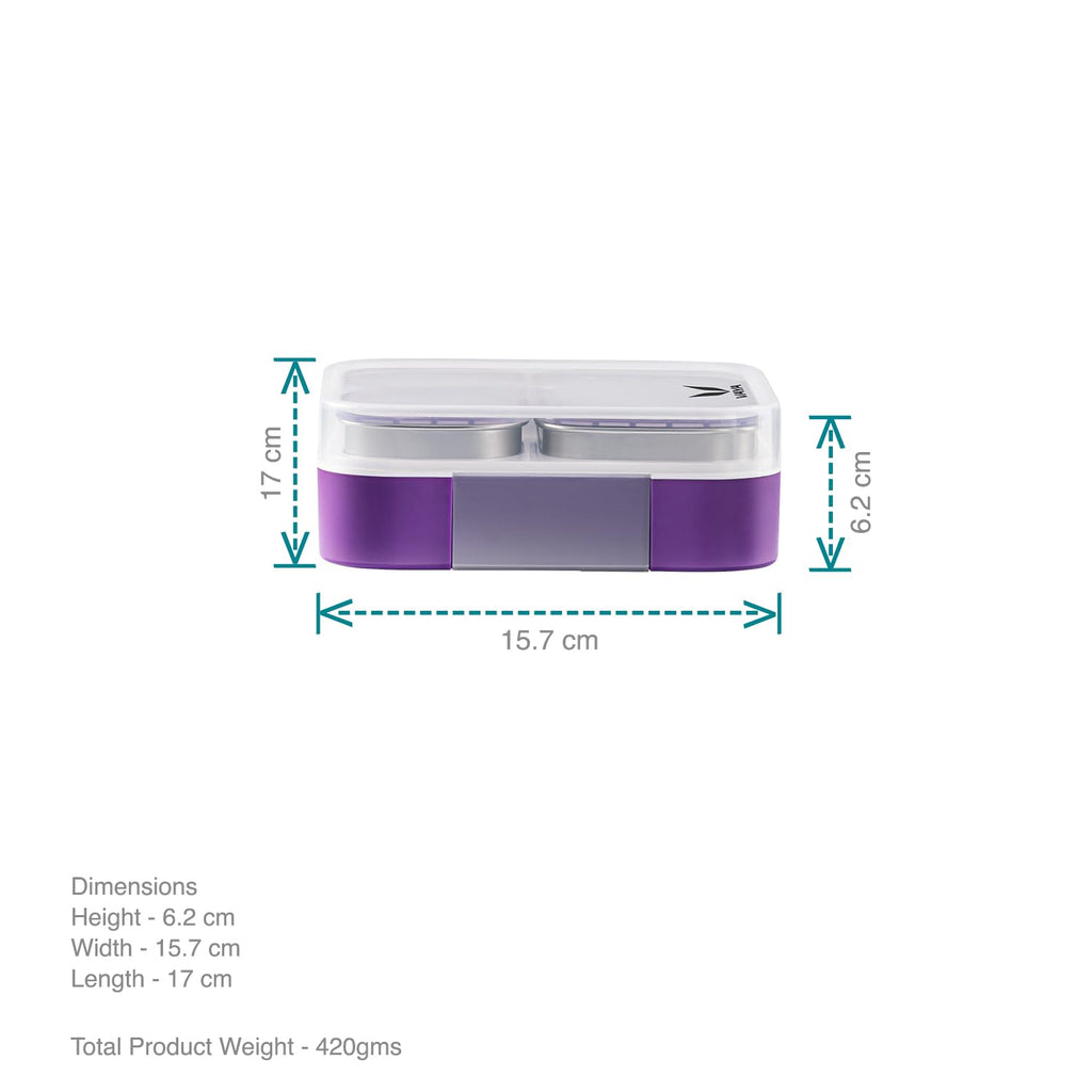 VAYA TYDBYT Stainless Steel Tiffin Box for Men, Kids Girls,1 Large & 2 Small Compartments, Bento Lunch Box, Smart Portions for Balanced Meals, Purple