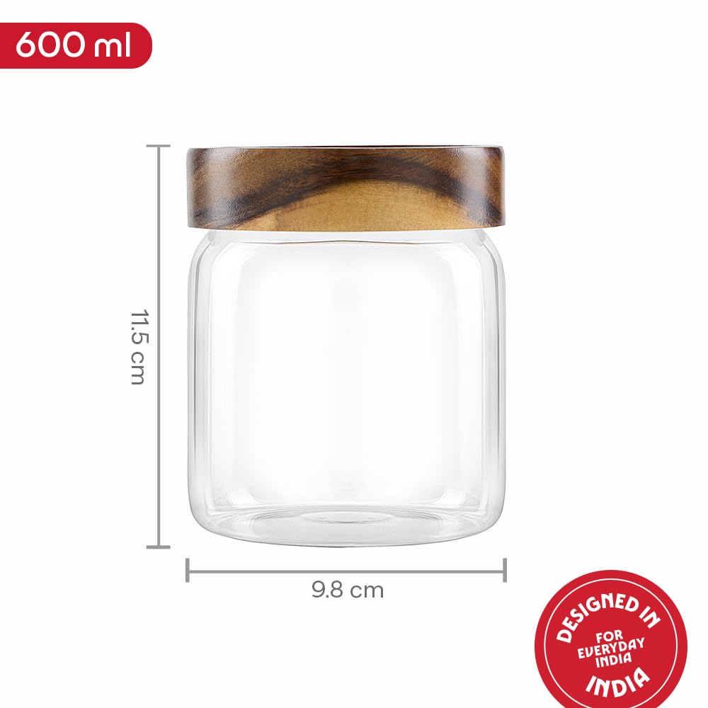 Borosil Glass Jar with Acacia Wood Lid | Borosilicate Glass Storage Jar for Dry Fruits, Spices & Snacks | Airtight Glass Container for Kitchen & Pantry (Tallwood, 600 ml)