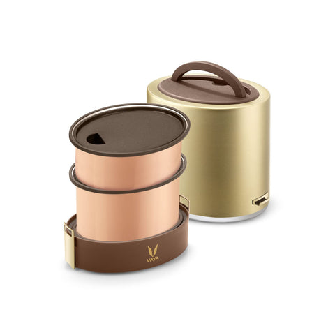 VAYA TYFFYN Lunch Box for Office for Men, Copper Finished Steel Lunch Box Without Bagmat,1000ml Vacuum Insulated Hot Lunch Box, Leakproof Hot Tiffin Box with 2 Containers,Gold