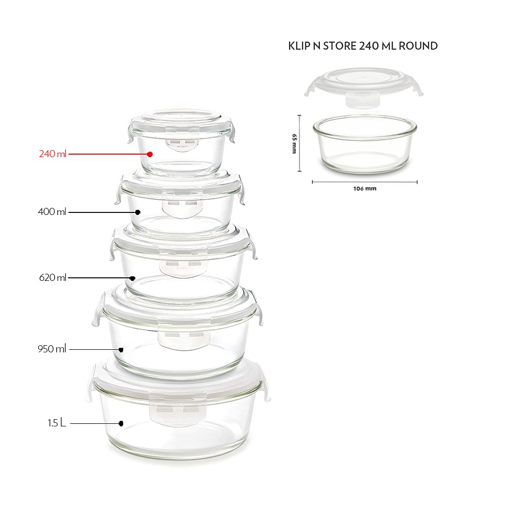 Borosil Klip N Store 240ml Round Glass Food Storage Container with Air Tight Lid | Borosilicate Glass Container for Lunchbox | Microwave & Oven Safe | Transparent