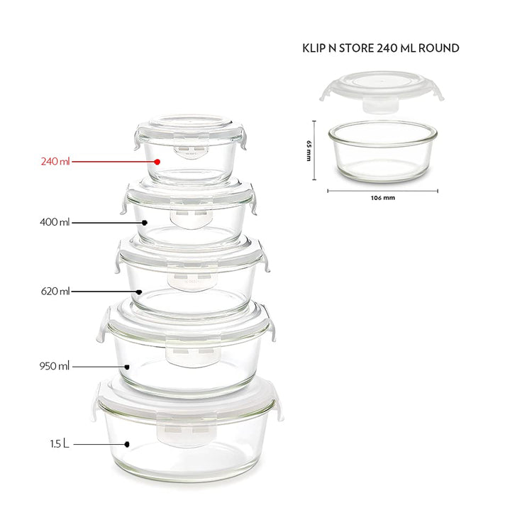 Borosil Klip N Store 240ml Round Glass Food Storage Container with Air Tight Lid | Borosilicate Glass Container for Lunchbox | Microwave & Oven Safe | Transparent
