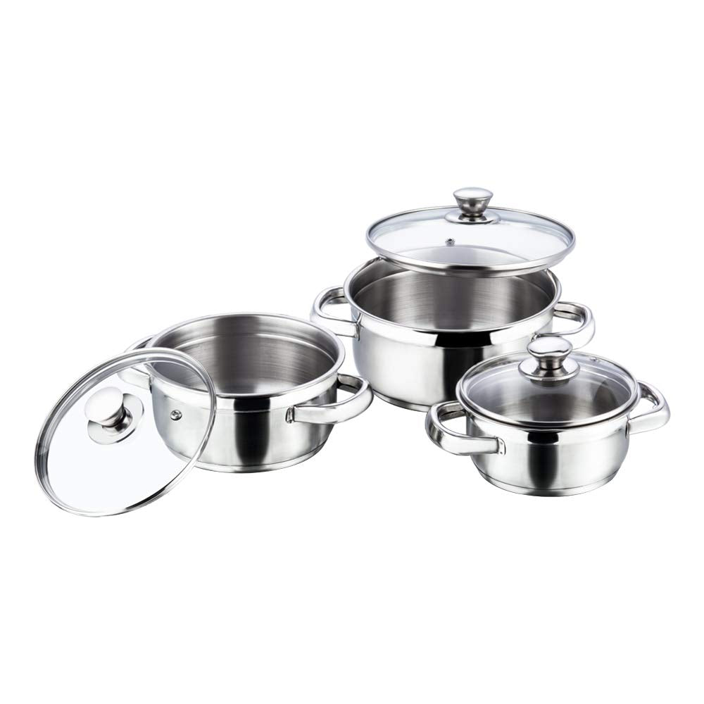 Vinod Bremen Stainless Steel Saucepot Set of 3 with Glass Lids | 2.5 mm Heavy Bottom | for Soups, Curries, Rice & Pasta | Riveted Handles | Induction & Gas Compatible | 2 Yr Warranty – Silver