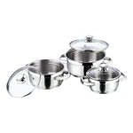 Vinod Bremen Stainless Steel Saucepot Set of 3 with Glass Lids | 2.5 mm Heavy Bottom | for Soups, Curries, Rice & Pasta | Riveted Handles | Induction & Gas Compatible | 2 Yr Warranty – Silver
