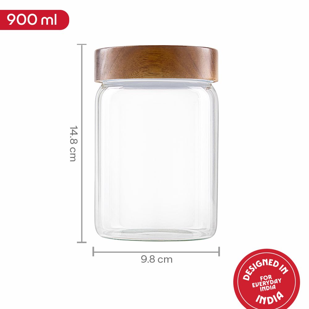 Borosil Glass Jar with Acacia Wood Lid | Borosilicate Glass Storage Jar for Dry Fruits, Spices & Snacks | Airtight Glass Container for Kitchen & Pantry (Tallwood, 900 ml)