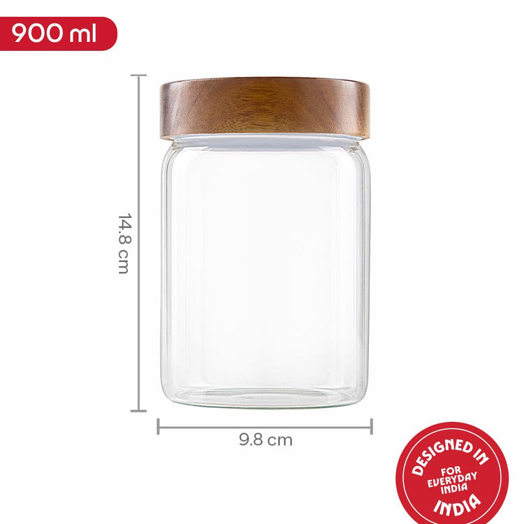 Borosil Glass Jar with Acacia Wood Lid | Borosilicate Glass Storage Jar for Dry Fruits, Spices & Snacks | Airtight Glass Container for Kitchen & Pantry (Tallwood, 900 ml)