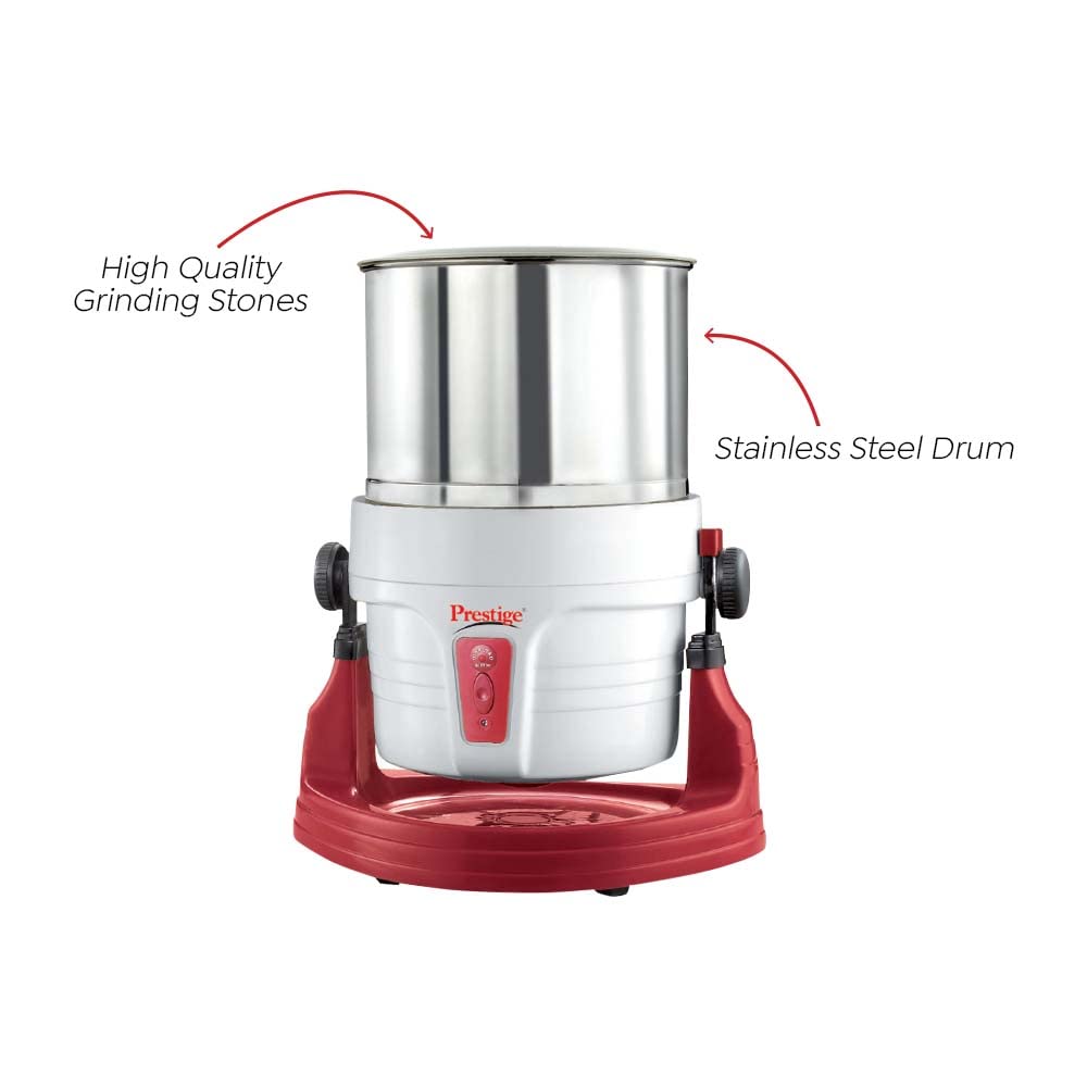 Prestige Wet Grinder PWG 01 Wet Grinder, 2 L (White/ Red) with Tilting Drum, Cocunut Scraper and Atta Kneader Attachment, 200W