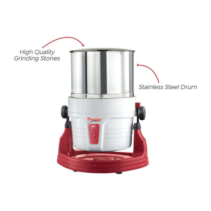 Prestige Wet Grinder PWG 01 Wet Grinder, 2 L (White/ Red) with Tilting Drum, Cocunut Scraper and Atta Kneader Attachment, 200W