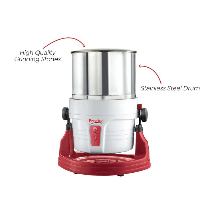 Prestige Wet Grinder PWG 01 Wet Grinder, 2 L (White/ Red) with Tilting Drum, Cocunut Scraper and Atta Kneader Attachment, 200W
