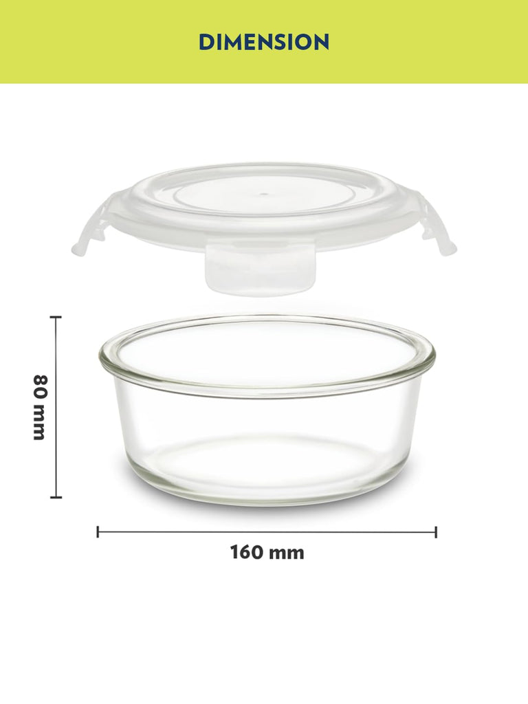 Borosil Klip N Store 620ml Round Glass Food Storage Container with Air Tight Lid | Borosilicate Glass Container for Lunchbox | Microwave & Oven Safe | Transparent
