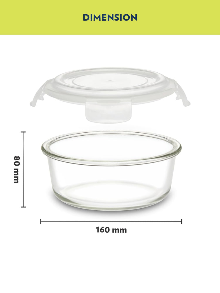 Borosil Klip N Store 620ml Round Glass Food Storage Container with Air Tight Lid | Borosilicate Glass Container for Lunchbox | Microwave & Oven Safe | Transparent