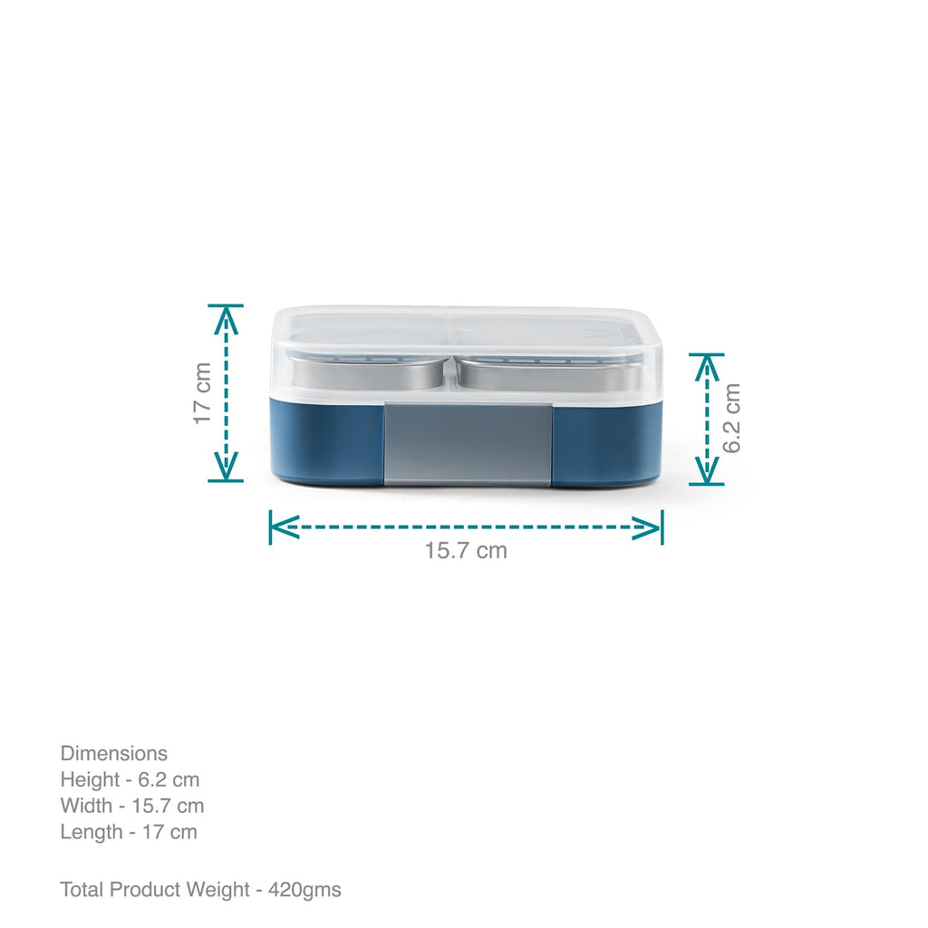 VAYA TYDBYT Stainless Steel Tiffin Box for Men, Kids Girls,1 Large & 2 Small Compartments, Bento Lunch Box, Smart Portions for Balanced Meals, Blue
