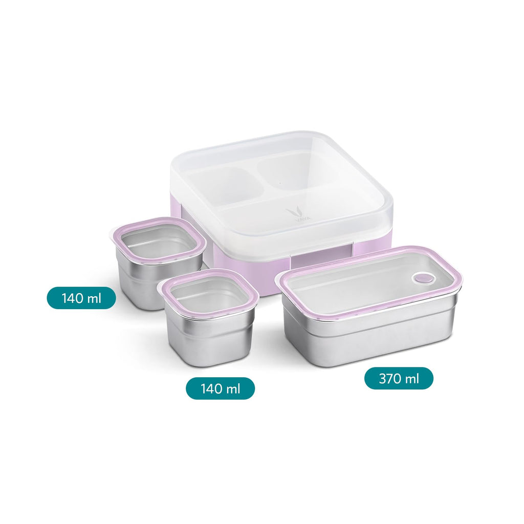 VAYA TYDBYT Stainless Steel Tiffin Box for Men, Kids Girls,1 Large & 2 Small Compartments, Bento Lunch Box, Smart Portions for Balanced Meals, Lilac Love
