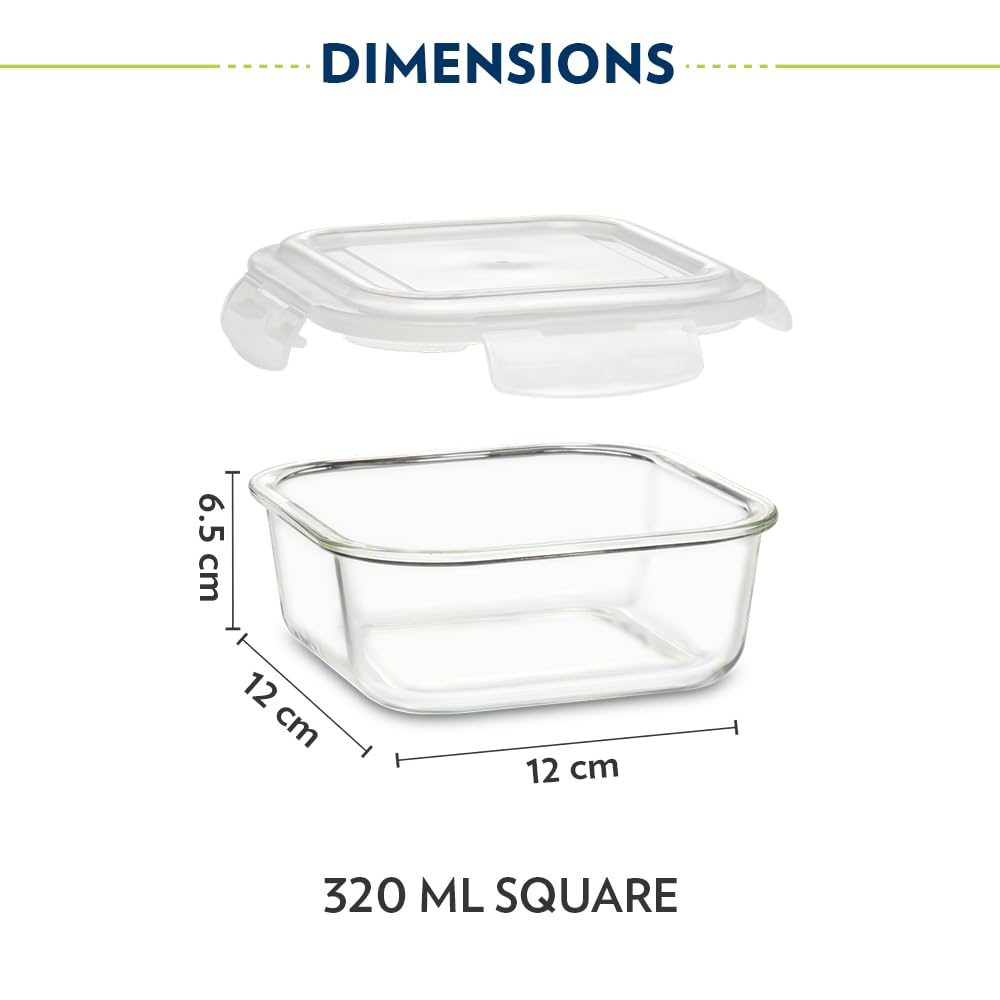 Borosil Eateasy Borosilicate Glass Lunchbox with Bag | 3 pc Square Container Set (320 ml Each) | Microwave & Dishwasher Safe, Leakproof | Tiffin for Office, School, College | Transparent
