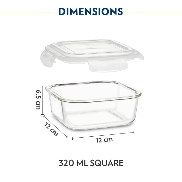 Borosil Eateasy Borosilicate Glass Lunchbox with Bag | 3 pc Square Container Set (320 ml Each) | Microwave & Dishwasher Safe, Leakproof | Tiffin for Office, School, College | Transparent