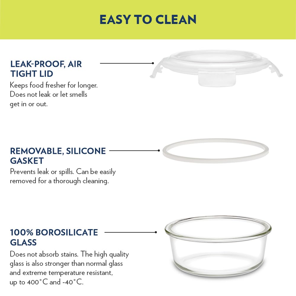 Borosil Universal Lunchbox | Set of 4 (320ml x 2 Square + 240ml x 2 Round), Borosilicate Glass | Microwave & Dishwasher Safe, Leakproof | Tiffin for Office/School/College | Transparent (Alfa Green)