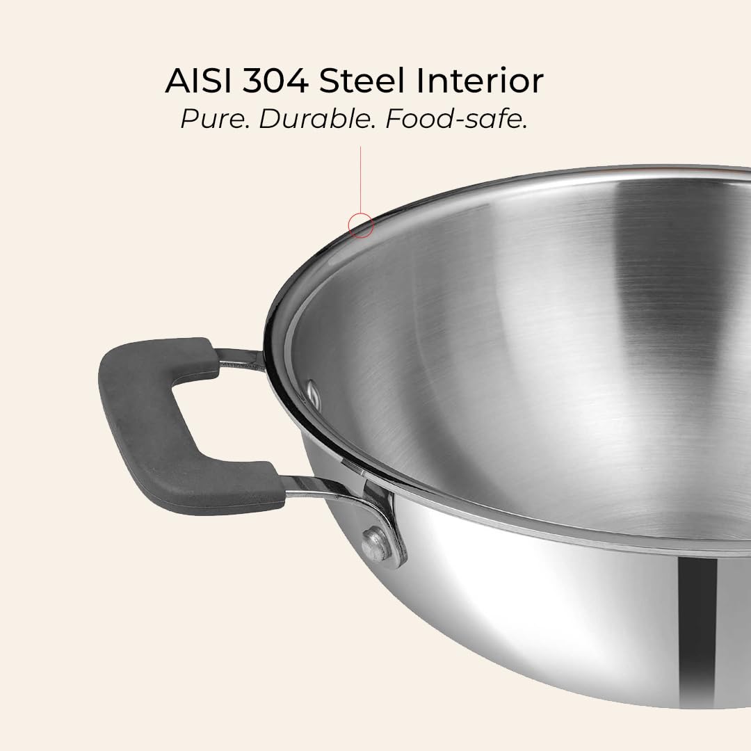 Vinod Platinum Luxe Triply Stainless Steel Cookware Set 5 Pc - Superior Finish, Cool Grip Handles, Mastercrafted Durability | 100% Safe, Non-Toxic, Nickel-Free | Frypan + Kadai & Saucepan with 2 Lids