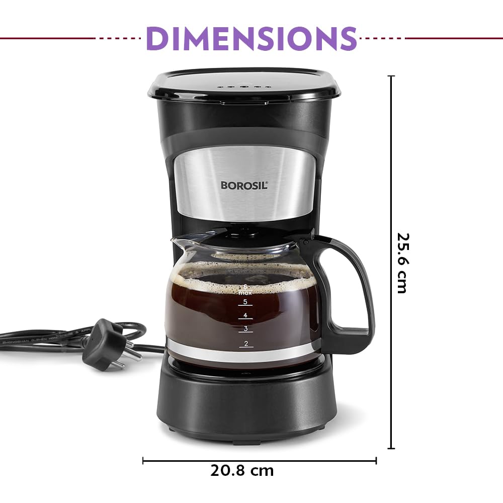 Borosil Brew Pro Drip Coffee Machine with Borosilicate Glass Carafe (600 ml) | 550W Coffeemaker | 6 Cups Capacity | Anti-Drip Function, Auto Shutoff, Keep Warm Plate | 2 Years Warranty | Black