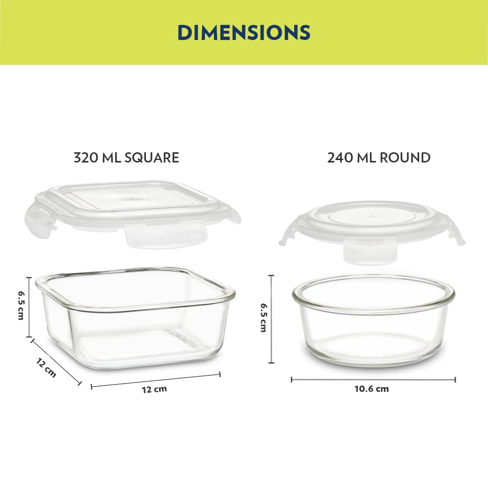 Borosil Universal Lunchbox | Set of 4 (320ml x 2 Square + 240ml x 2 Round), Borosilicate Glass | Microwave & Dishwasher Safe, Leakproof | Tiffin for Office/School/College | Transparent (Alfa Green)