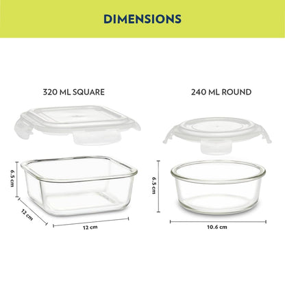 Borosil Universal Lunchbox | Set of 4 (320ml x 2 Square + 240ml x 2 Round), Borosilicate Glass | Microwave & Dishwasher Safe, Leakproof | Tiffin for Office/School/College | Transparent (Alfa Green)