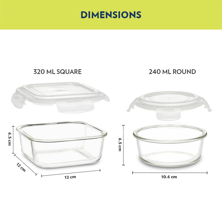 Borosil Universal Lunchbox | Set of 4 (320ml x 2 Square + 240ml x 2 Round), Borosilicate Glass | Microwave & Dishwasher Safe, Leakproof | Tiffin for Office/School/College | Transparent (Alfa Green)