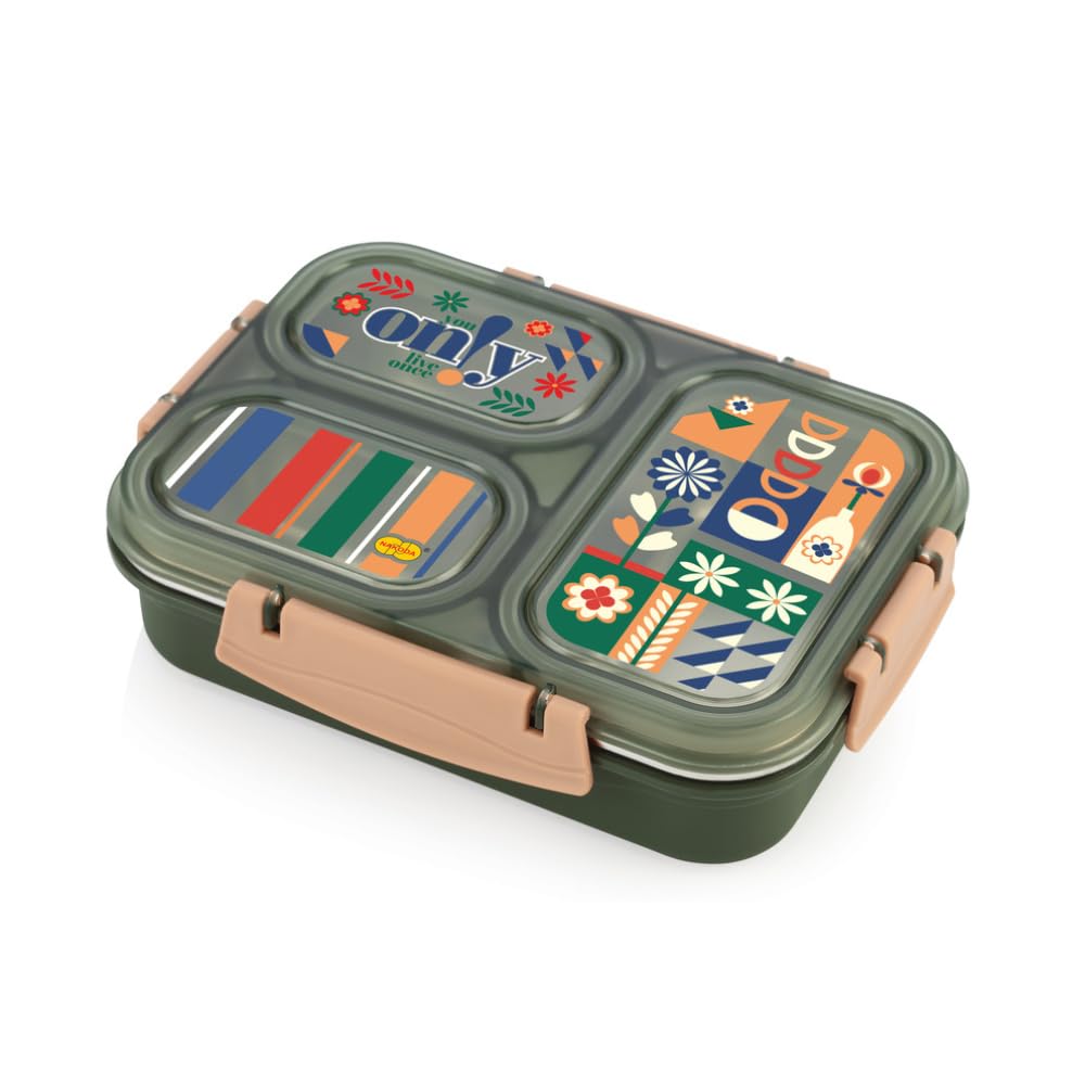 Nakoda Nero 3 Partition Stainless Steel Lunch Box for Kids | 650ml, Leak-Proof Lid, BPA Free, Airtight, Ideal for School, Office, Travel, Pack of 1 (Green)