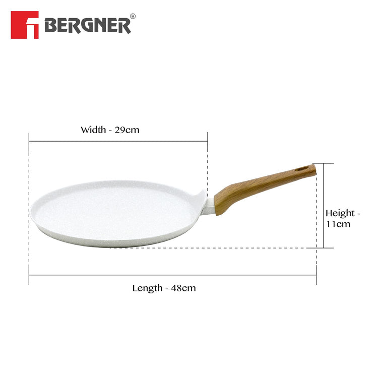 BERGNER Naturally Forged Aluminum 28cm Pancake Pan/Dosa Tawa with Marble Non-Stick Coating, Scratch Resistant and Durable, Soft Touch Handle, Easy to Clean - Induction Bottom, Free Non-Woven Trivet