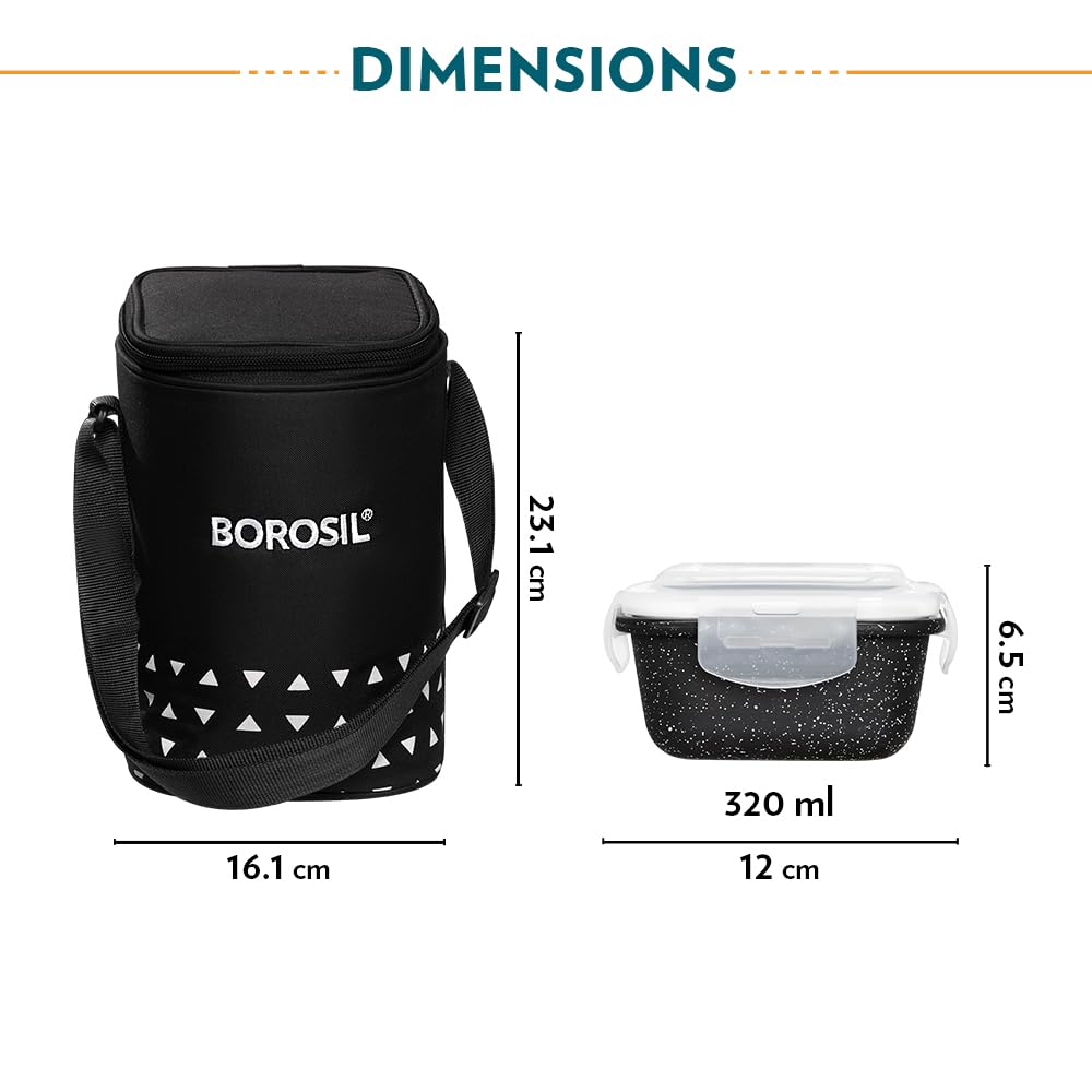 Borosil Kube Black Borosilicate Glass Lunchbox with Bag | 3 pc Square Container Set (320 ml Each) | Microwave & Dishwasher Safe, Leakproof | Tiffin for Office, School, College