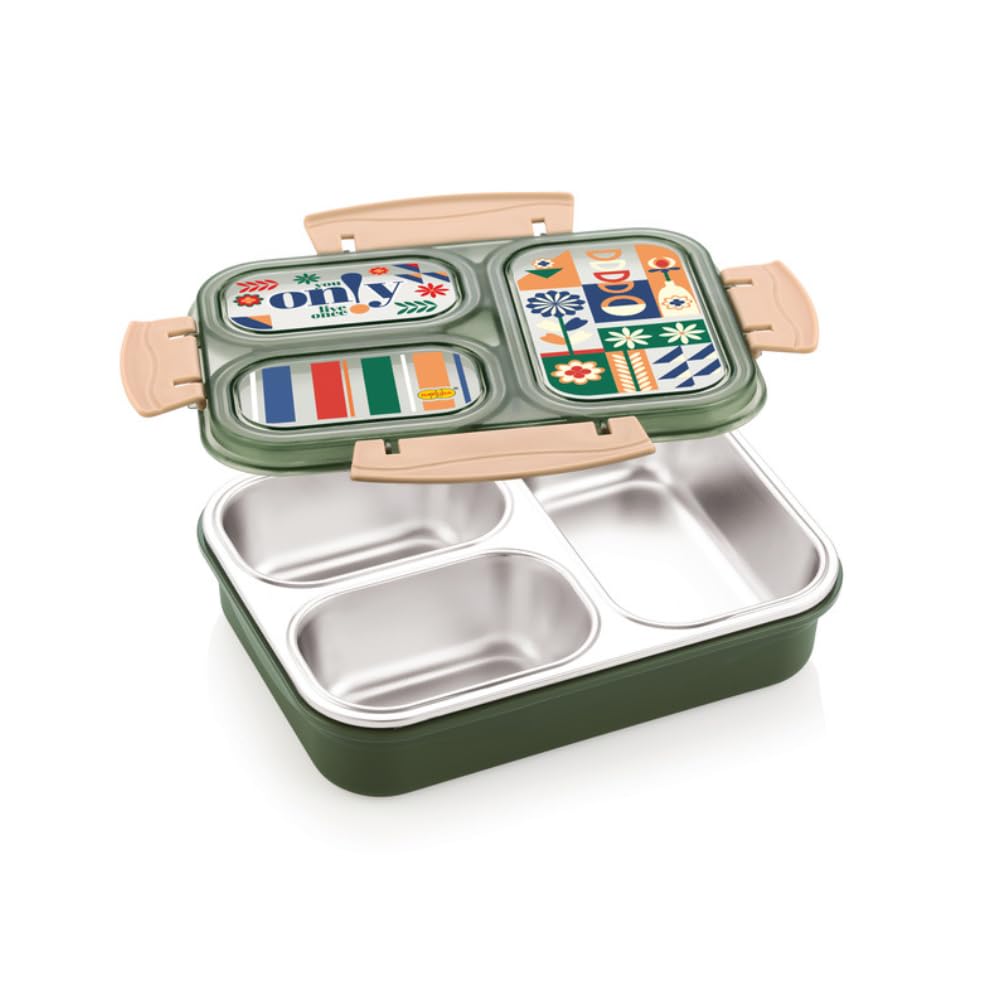 Nakoda Nero 3 Partition Stainless Steel Lunch Box for Kids | 650ml, Leak-Proof Lid, BPA Free, Airtight, Ideal for School, Office, Travel, Pack of 1 (Green)
