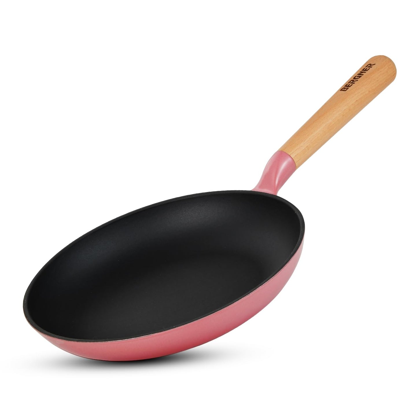 BERGNER Excalibur Lightweight Cast Iron Frypan 20cm, Sturdy Wooden Handle, Non-Stick Coating, PFAS Free, Perfect Heat Distribution, Elegant Design - Induction and Gas Stove Ready (Pink)