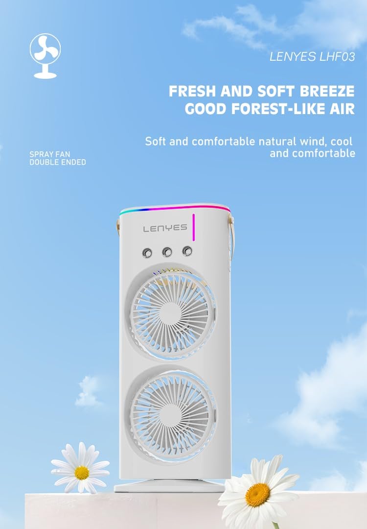 Lenyes LHF03 Tower Dual Fan 45mm | USB Charging Fan | LED Lighting | 3 Fan Speeds | 2 Mode Lighting | High Speed Oscillation Table Fan | White Protable Fan