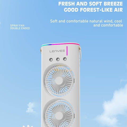 Lenyes LHF03 Tower Dual Fan 45mm | USB Charging Fan | LED Lighting | 3 Fan Speeds | 2 Mode Lighting | High Speed Oscillation Table Fan | White Protable Fan